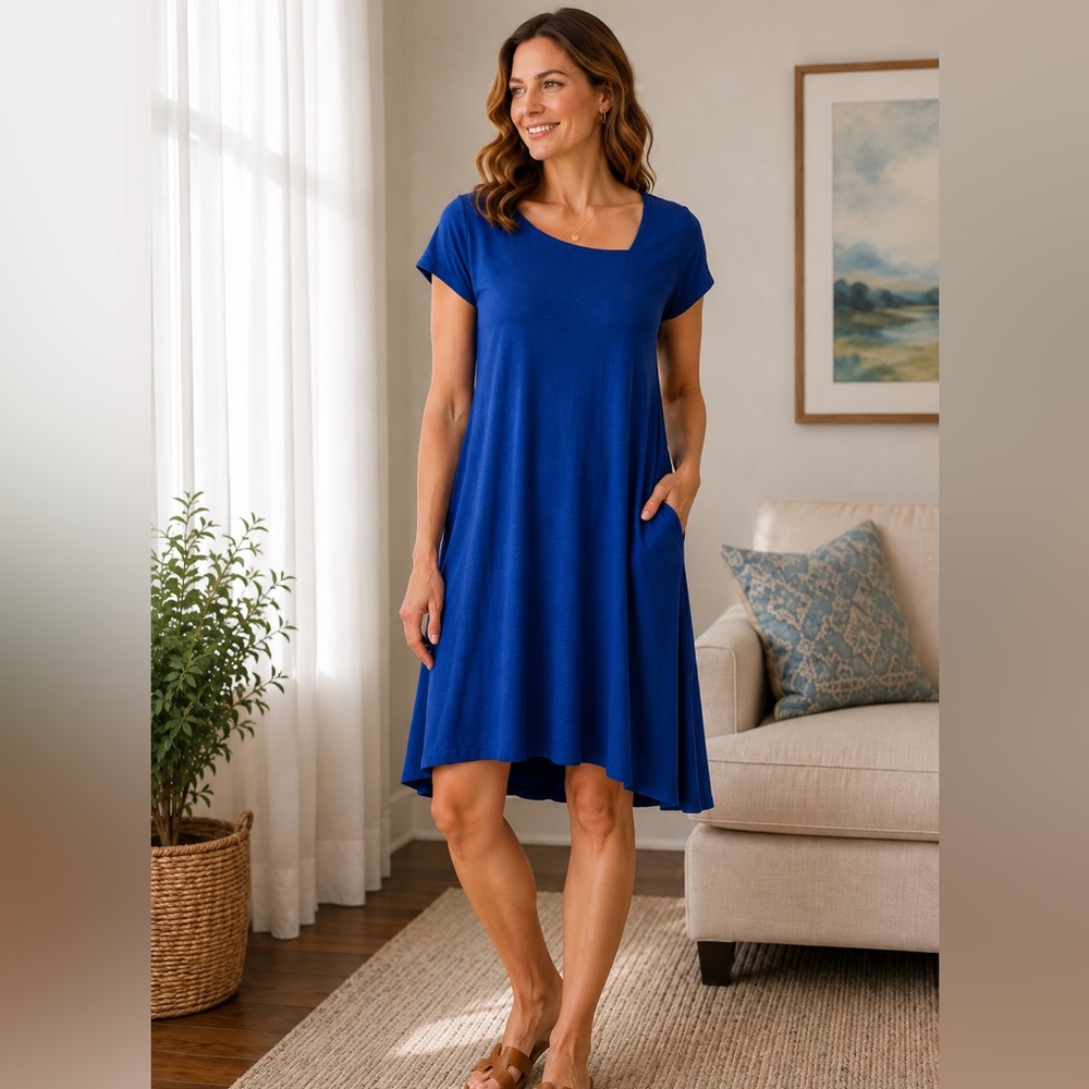 Eileen Fisher Blue Organic Cotton Hemp Midi T-Shirt Dress Size S